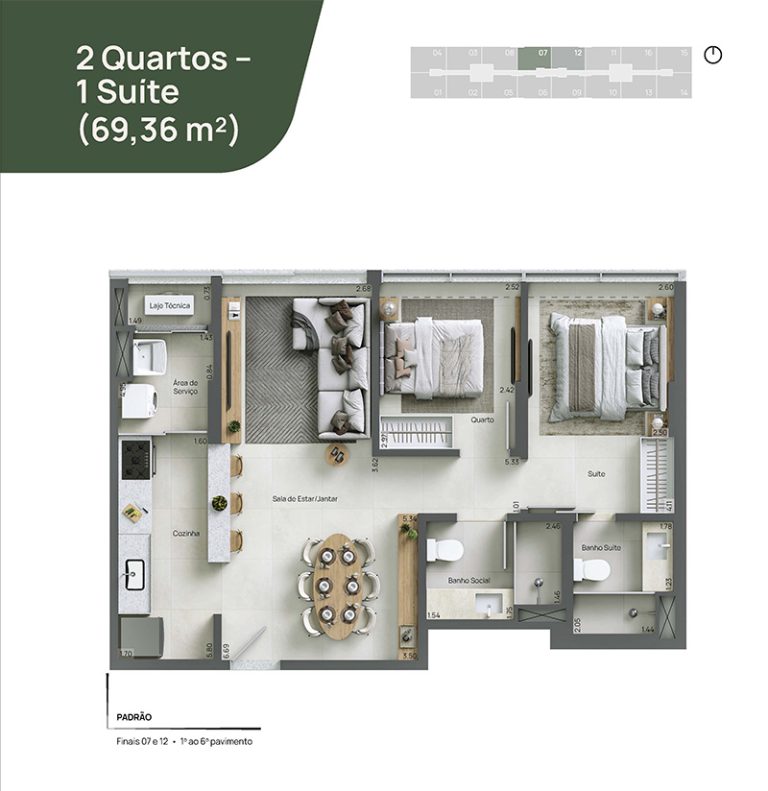 2 Quartos – 1 Suíte (69,36 m²)