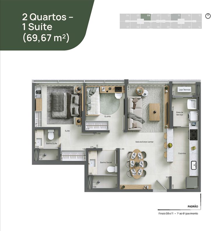 2 Quartos – 1 Suíte (69,67 m²)