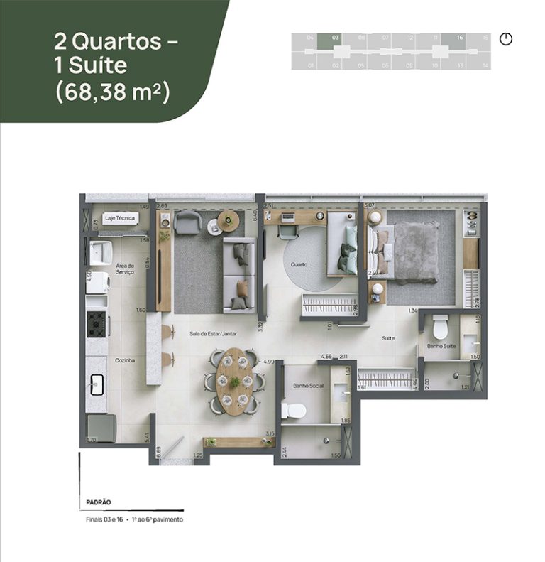 2 Quartos – 1 Suíte (68,38 m²)