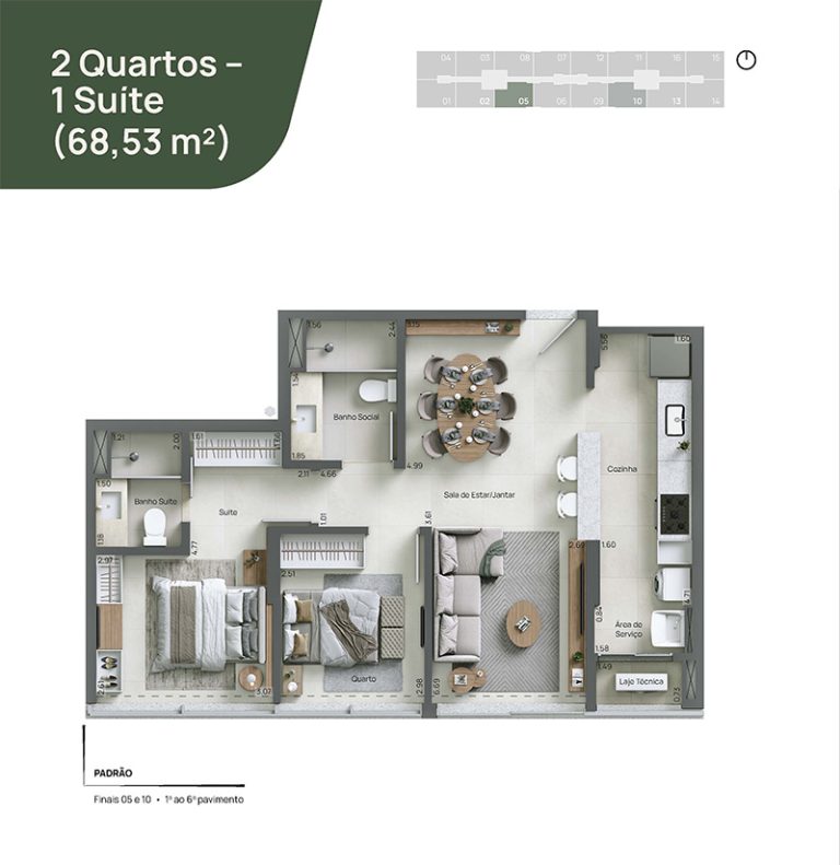 2 Quartos – 1 Suíte (68,53 m²)