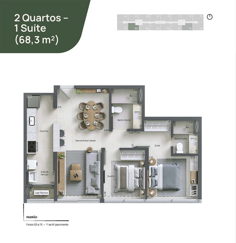 2 Quartos – 1 Suíte (68,3 m²)