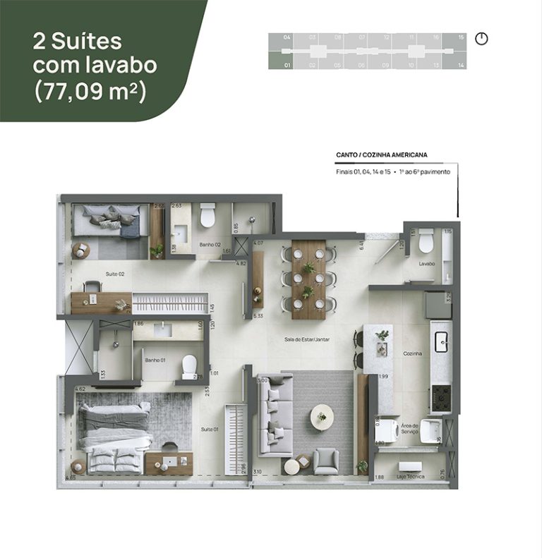 2 Suítes com lavabo (77,09 m²)