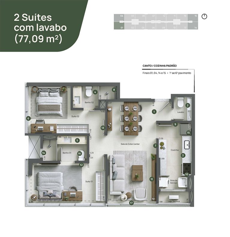 2 Suítes com lavabo (77,09 m²)